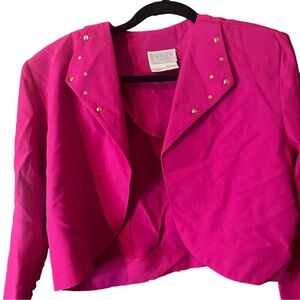 Emblem Fuschia Hot Pink Cropped Collar Gold Embellished Blazer Jacket Sz 11 (L)